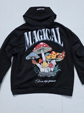 RGSTR Magical Mushroom Graphic Pullover Hoodie Black Fleece Men's Medium Streetw